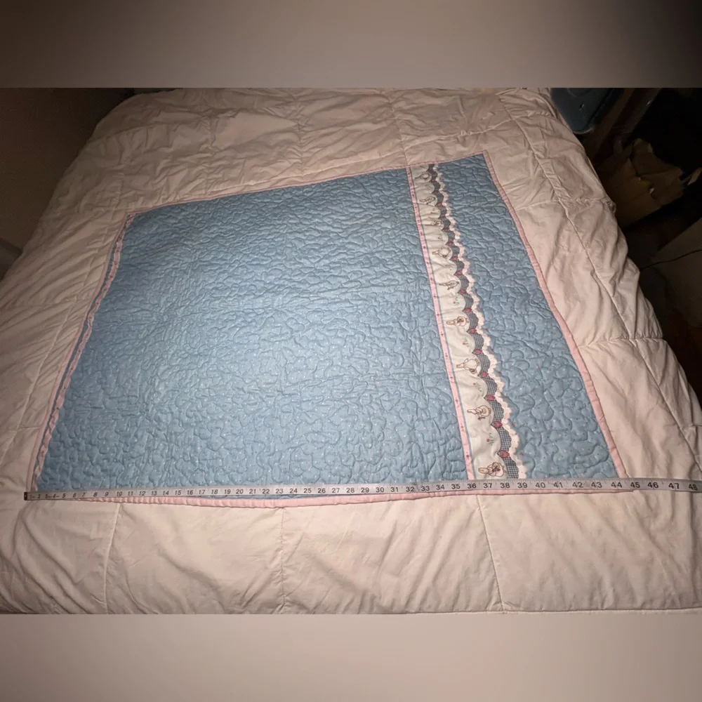 Adorable Pink and Baby Blue Quilted Bunny Trim Baby Blanket